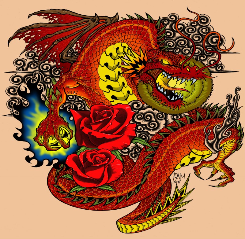 Angry red dragon with yellow belly and roses on curly smoke background tattoo design