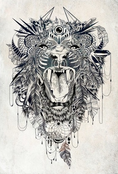 Angry roaring lion with native american decoration tattoo design