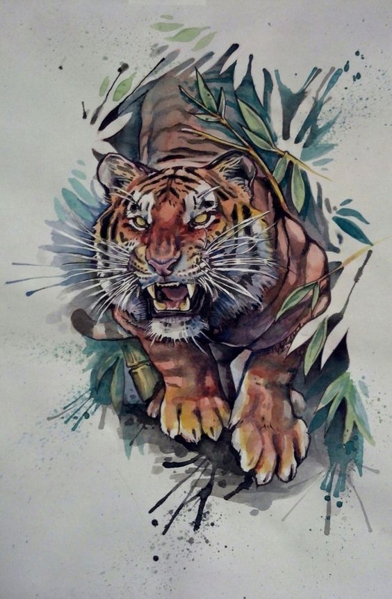 Angry tiger looking out of jungles tattoo design