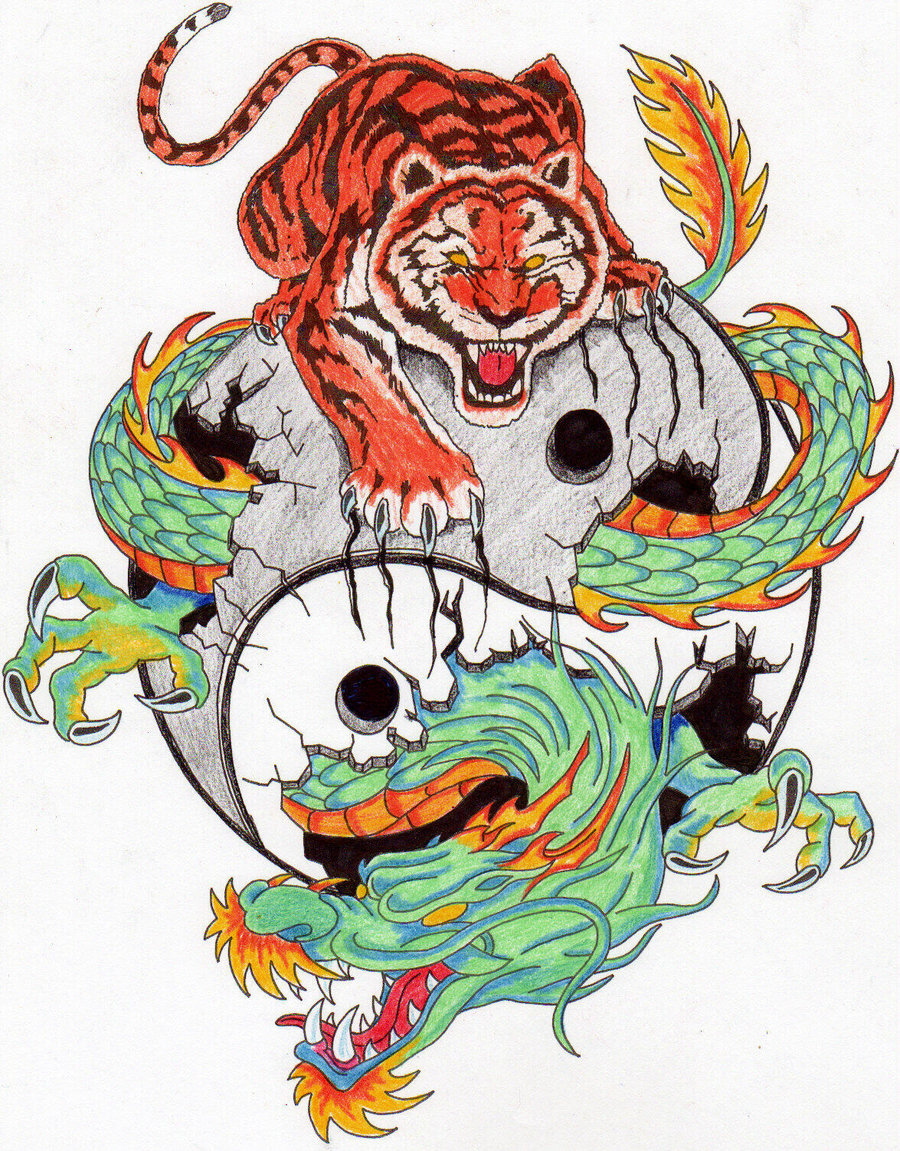 Angry tiger sitting on yin yang crashed by chinese dragon tattoo design