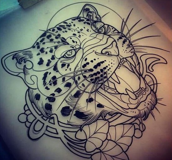 Angry uncolored decorated crying leopard tattoo design