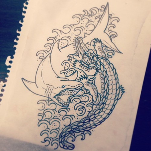 Angry water animals fight in stormy water background tattoo design