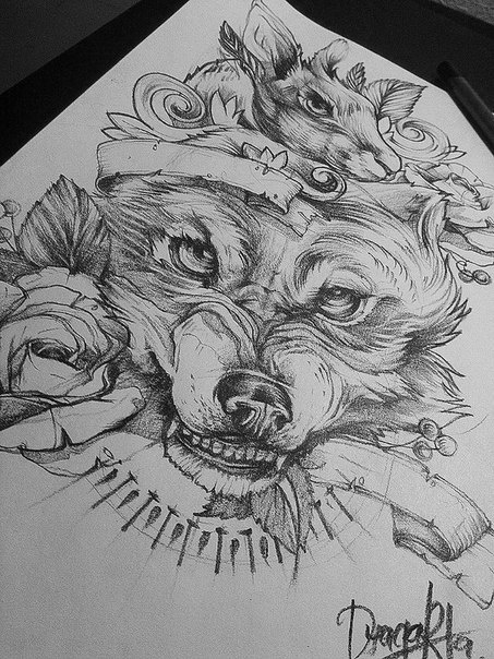 Angry wolf and hare portrait with flowers and ribbons tattoo design