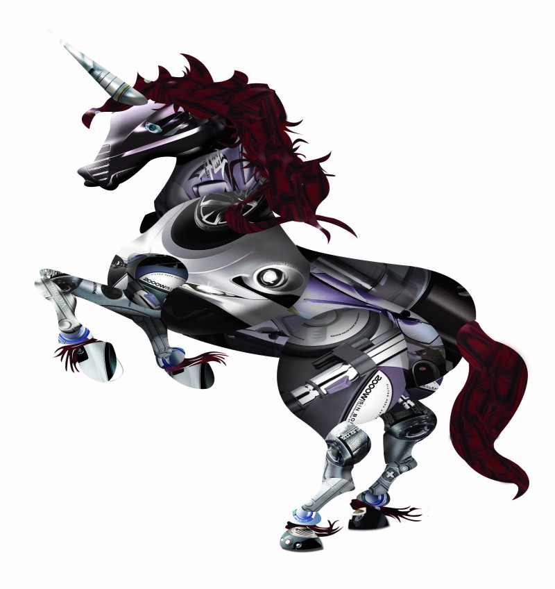 Animated biomechanical unicorn standing on hindquarters tattoo design