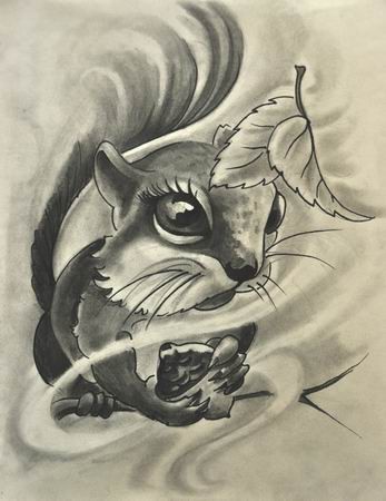 Animated black-and-white squirrel keeping acorn and falling leaves tattoo design