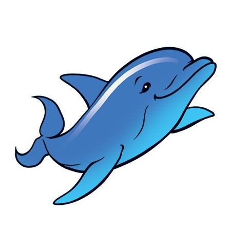 Animated blue-ink smiling dolphin tattoo design