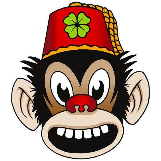 Animated color-ink monkey head in red cap with cleaver tattoo design