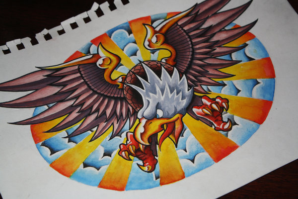 Animated colorful eagle on shining cloudy background tattoo design by Artistic Render