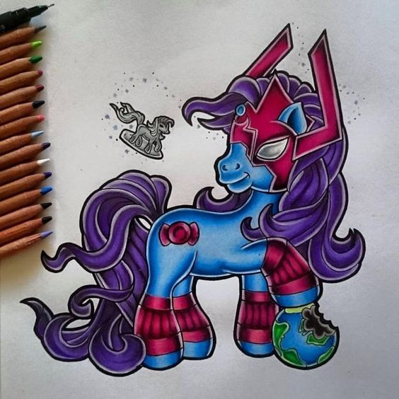 Animated colorful horse hero in mask tattoo design