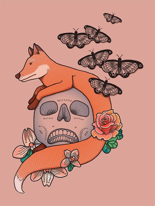 Animated ginger fox lying on huge skull and flying butterflies tattoo design