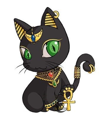 Animated green-eyed egyptian cat with golden decorations tattoo design