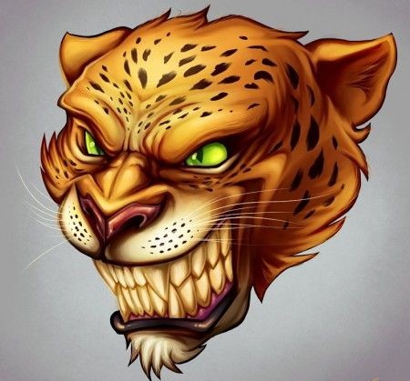 Animated green-eyed jaguar with cunning grin tattoo design