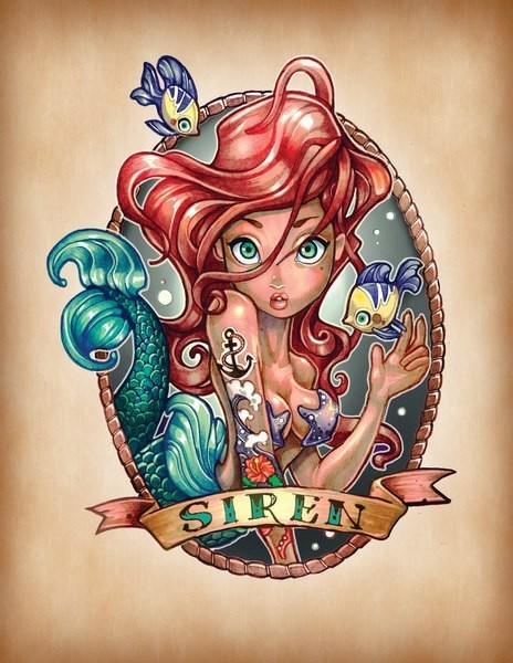Animated green-eyed mermaid with banner in frame tattoo design