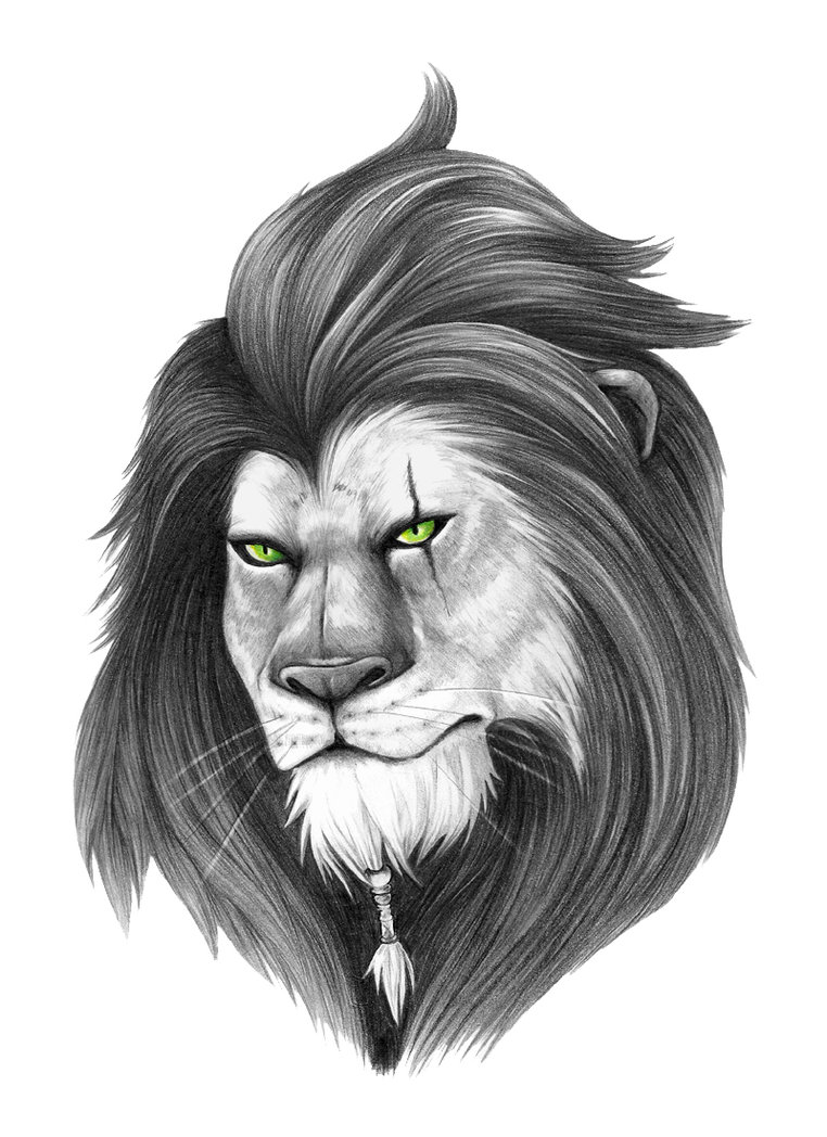 Animated green-eyes lion portrait tattoo design by Grzadziela