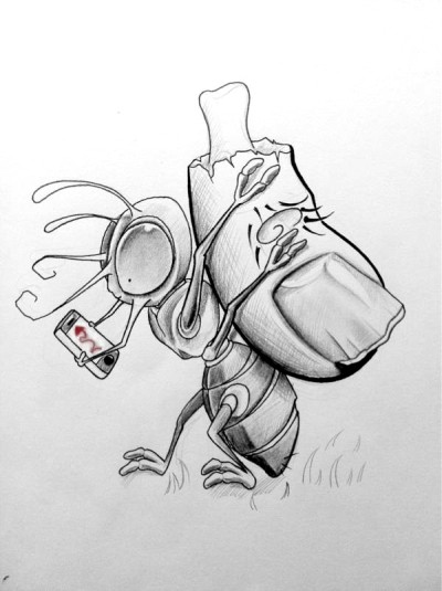 Animated grey-ink ant carrying luggage and playing mobile phone tattoo design by Jrunin