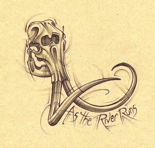 Animated grey-ink mammoth skull with lettering tattoo design