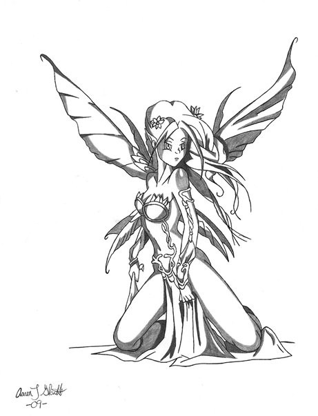 Animated grey drawing fairy standing on knees tattoo design by Splaughing