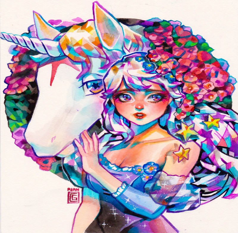 Animated multicolor unicorn with a pretty girl rider tattoo design by Rianbow Art