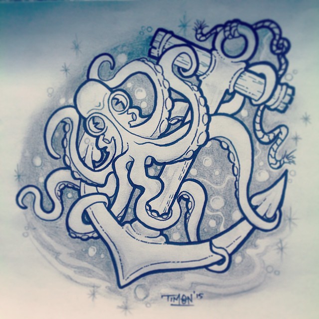 Animated octopus and huge anchor on bubble and snowflake background tattoo design