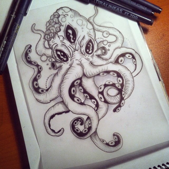 Animated octopus showing his brain tattoo design