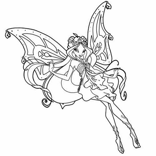 Animated outline fairy with huge butterfly wings tattoo design