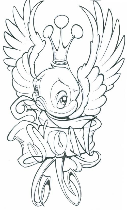Animated outline king sparrow with banner tattoo design