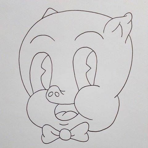 Animated outline pig face with tiny tie-bow tattoo design