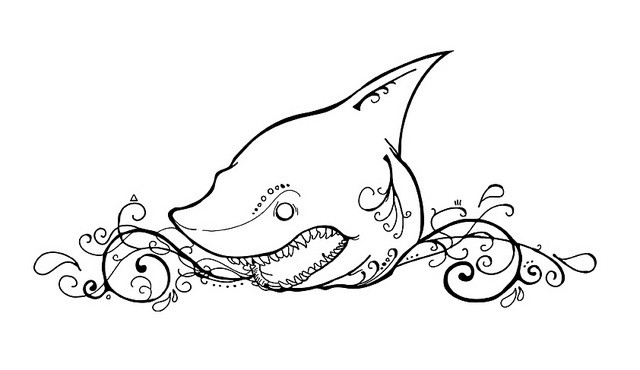 Animated outline shark and curly waves tattoo design