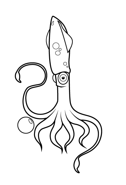 Animated outline squid water animal and single bubble tattoo design