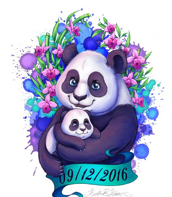 Animated panda family with banner and flowers tattoo design