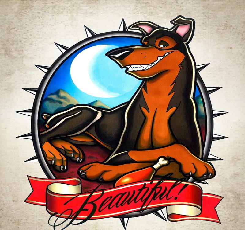 Animated pleased doberman in frame with red banner tattoo design by Katya Kabum