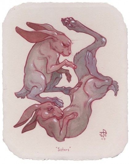 Animated red-and-grey falling hare couple tattoo design