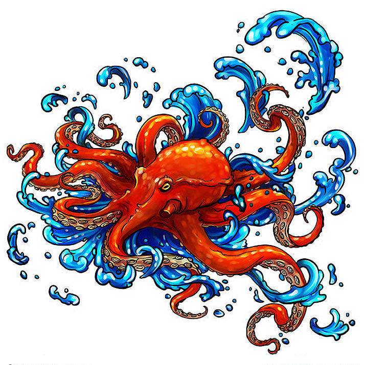 Animated red octopus swimming in blue waves tattoo design