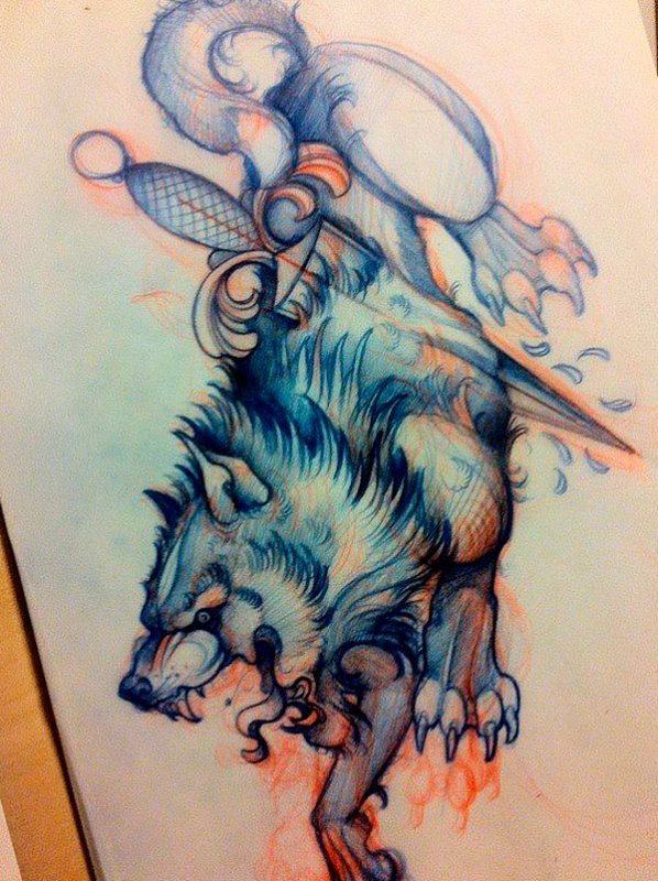 Animated running wolf pirced with thick dagger tattoo design