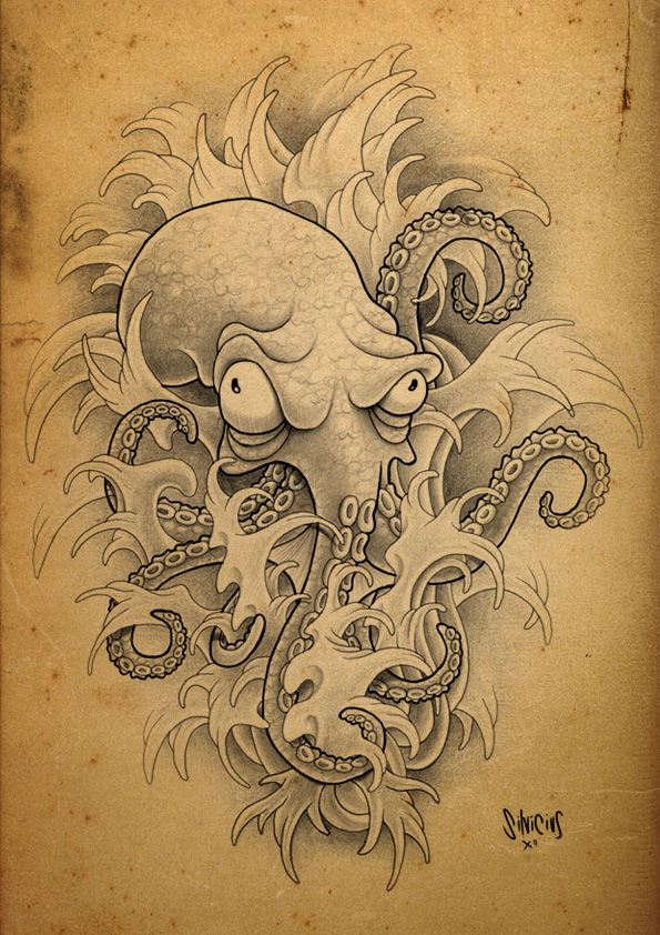 Animated silvicius octopus in chinese-style waves tattoo design