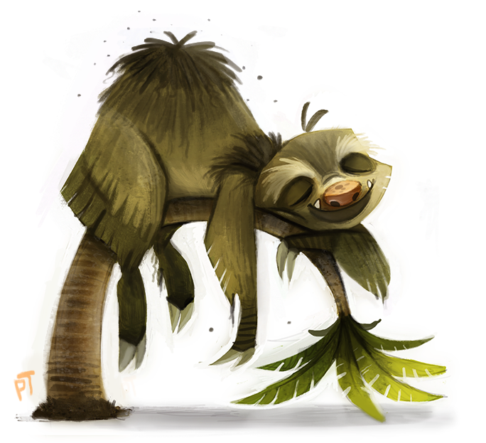 Animated sloth sleeping on palm tree tattoo design by Cryptid Creations