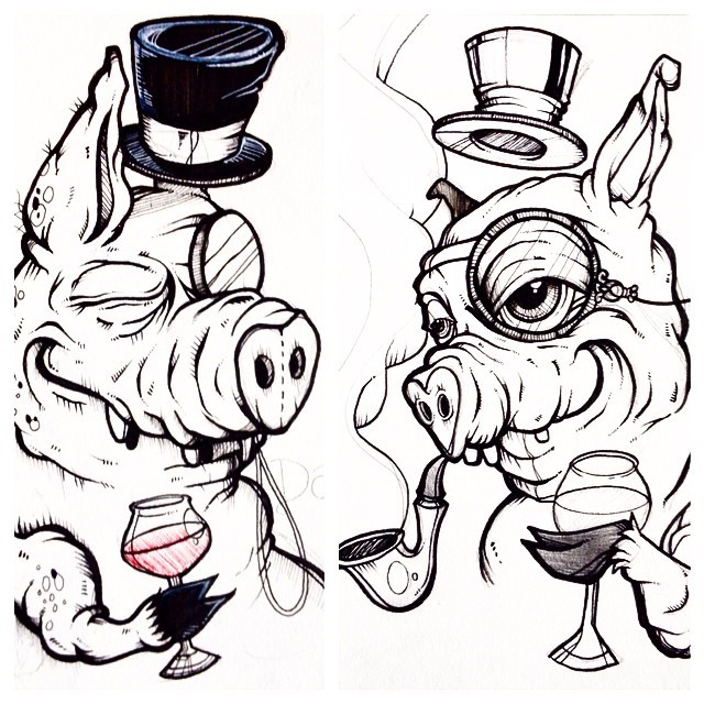 Animated smoking pig sirs drinking vine tattoo design