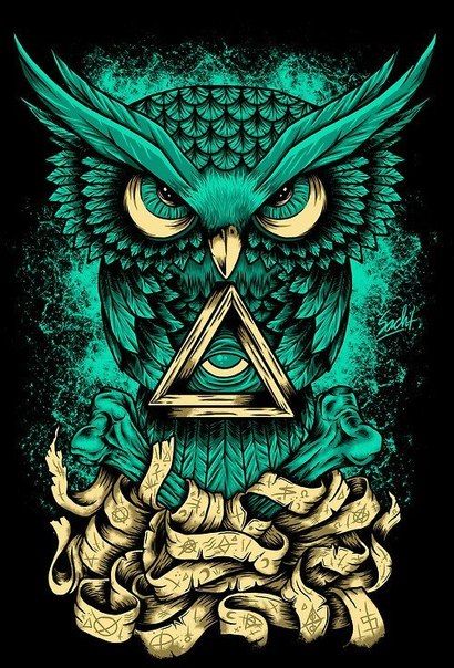 Animated turquoise owl and illuminati curled with stripes tattoo design