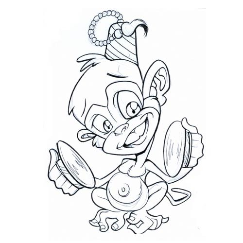 Animated uncolored chimpanzee playing with plates tattoo design