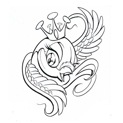 Animated uncolored new school bird in crown tattoo design
