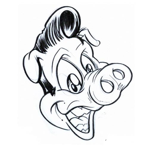 Animated uncolored pig head with Elvis hairdo tattoo design