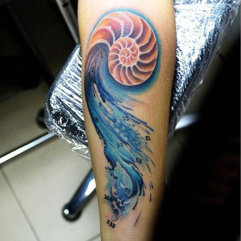 Art style colored forearm tattoo of nautilus with numbers