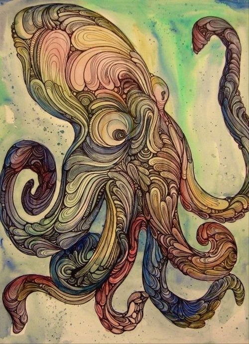 Artistic colorful patterned octopus tattoo design