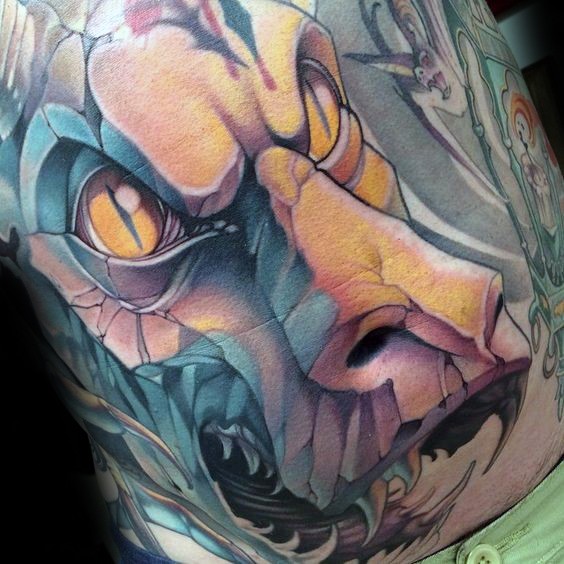 Asian style colored gargoyle tattoo on belly