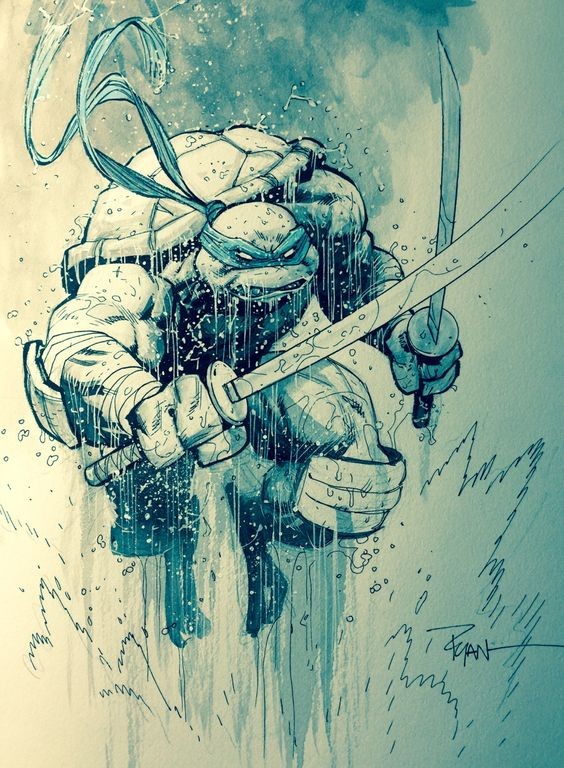 Attaking ninja mutant turtle with sword under rainfall tattoo design