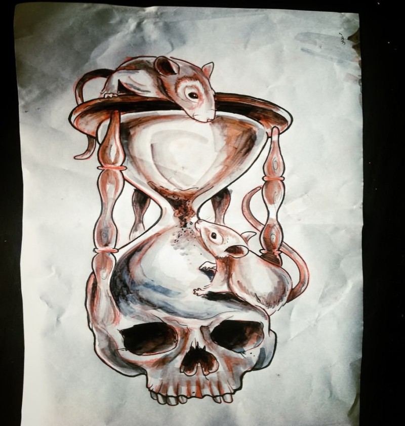 Attractive big hourglass with human skull and crawling mouses tattoo design