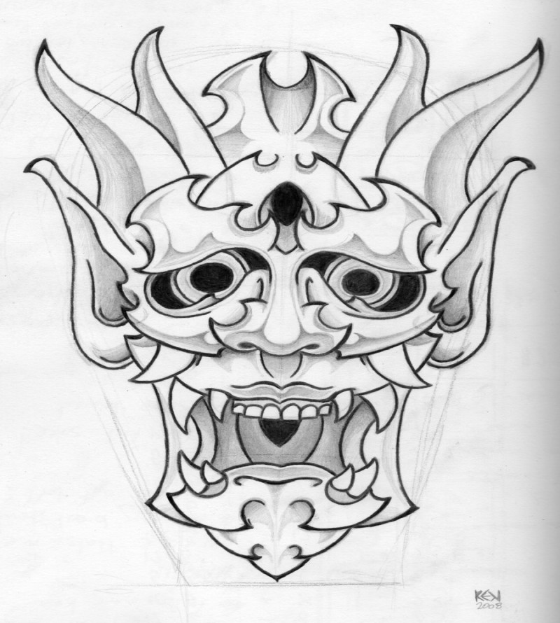 Design de tatuagem de máscara de demônio asiático preto-e-cinza atraente