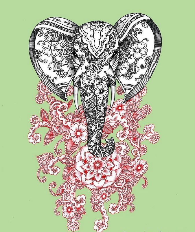 Attractive black-and-red indian-patterned elephant tattoo design