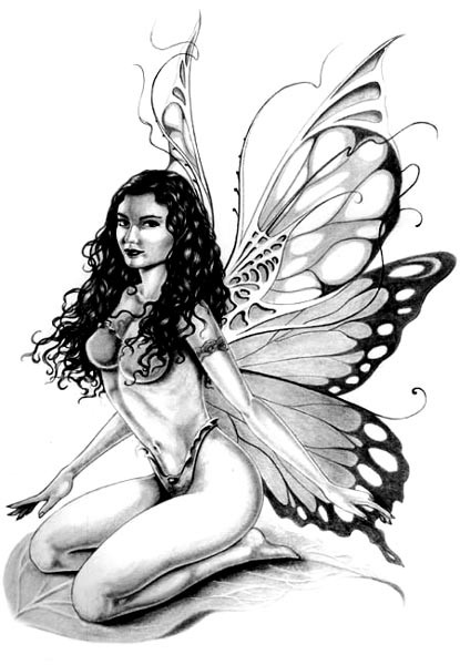 Attractive black-and-white brunette fairy tattoo design