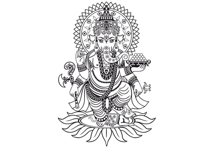 Attractive black-line detailed ganesha elephant standing on flower tattoo design